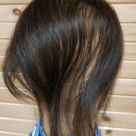 Real Human Hair Topper with Bangs, 10" Cocoa Brown - Picture 3 of 7